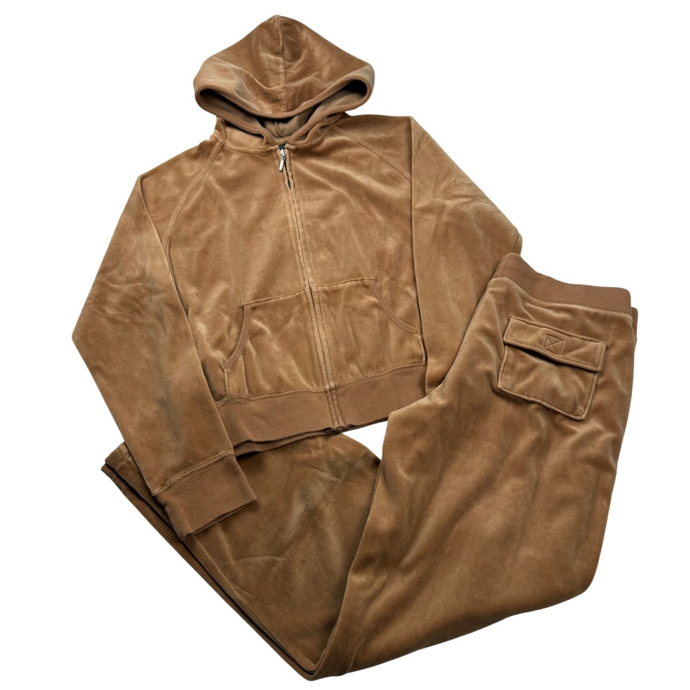 VTG Y2K Baileys Point Velour Tracksuit Brown Zip Hoodie Wide Leg Pants M 10-12